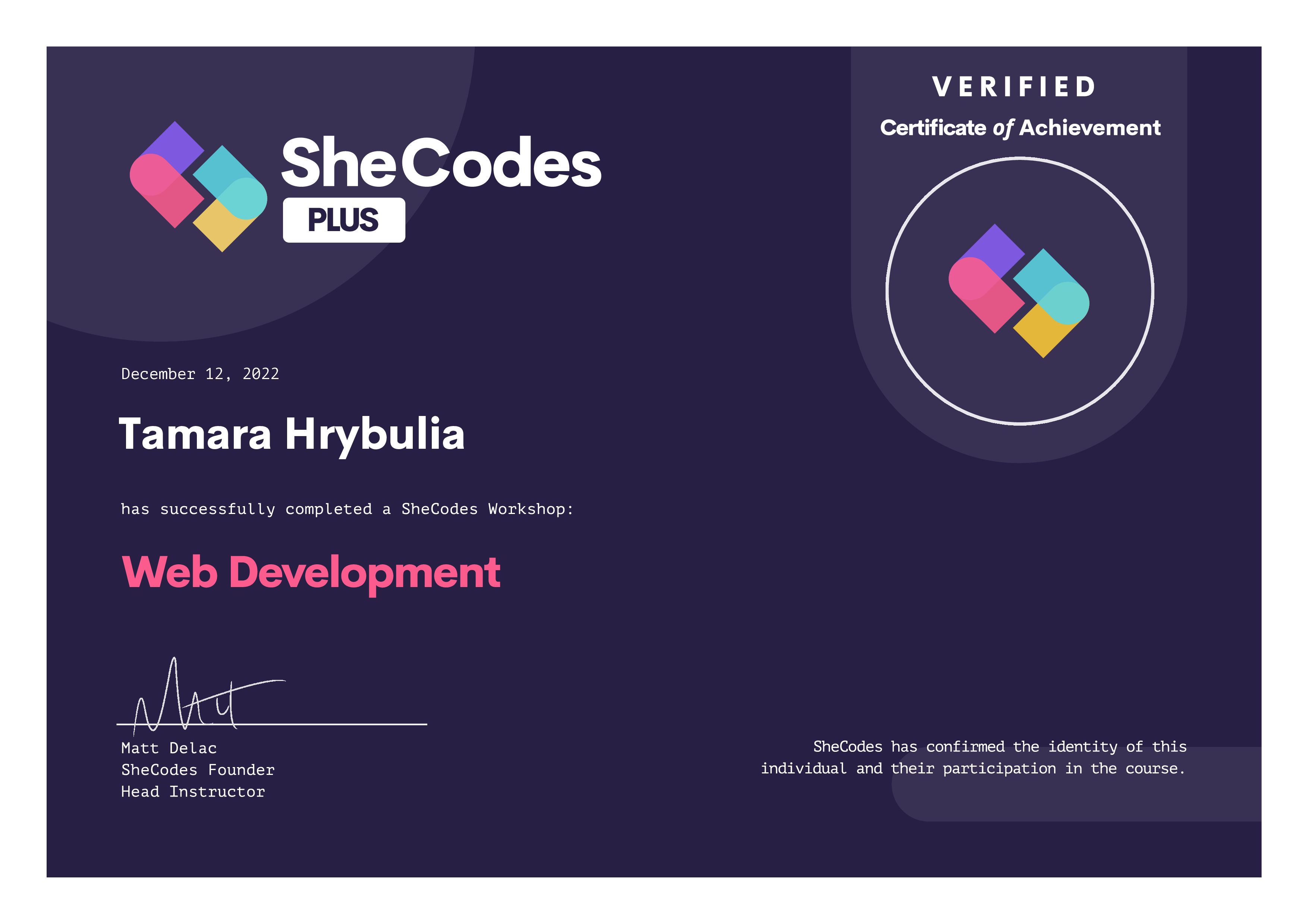 shecodes certificate of plus level