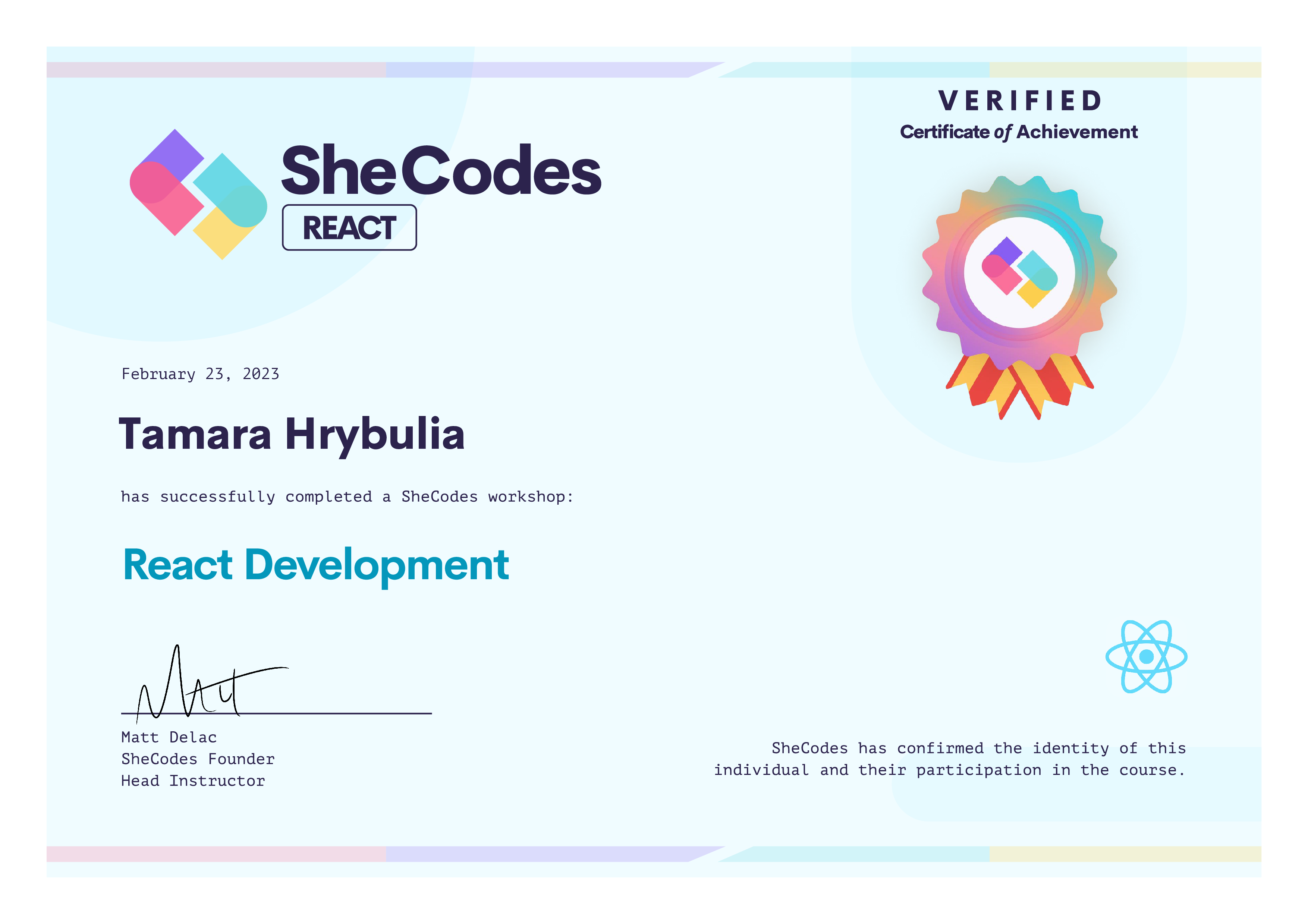 shecodes certificate of react.js