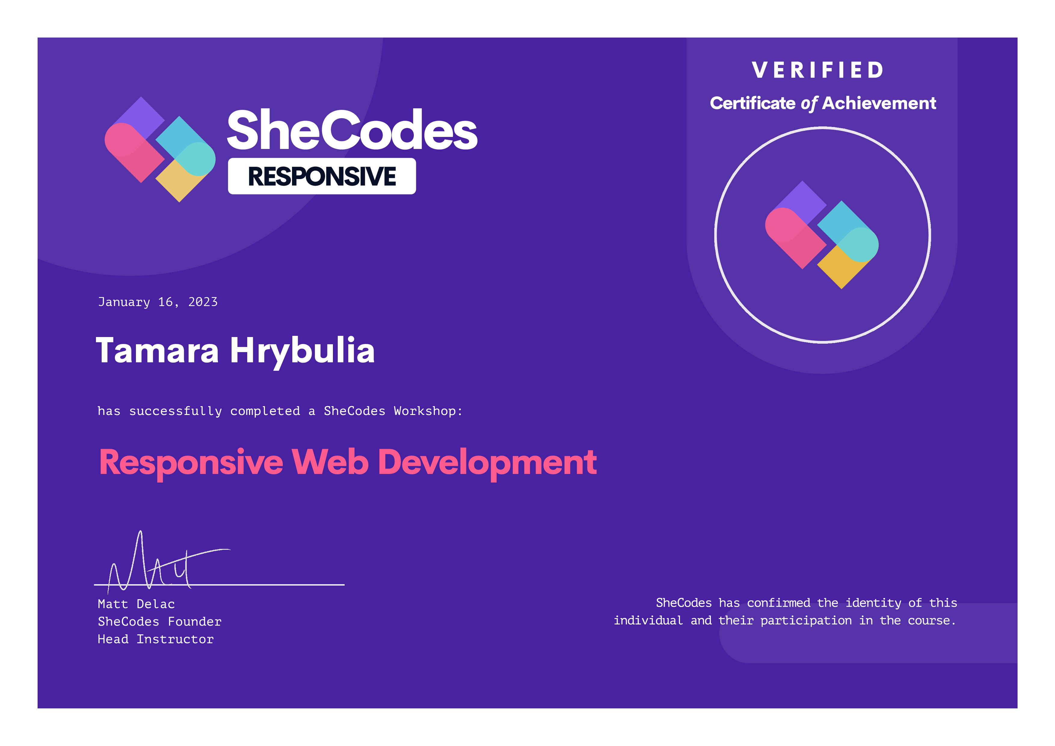 shecodes certificate of responsive level